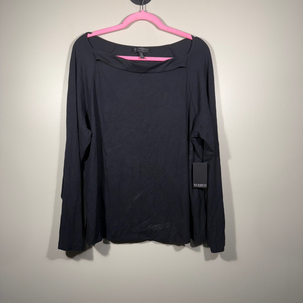 ELOQUII Top Plus Size 22/24 Black‎ Long Sleeve Ribbed Knit Cut Out Shirt